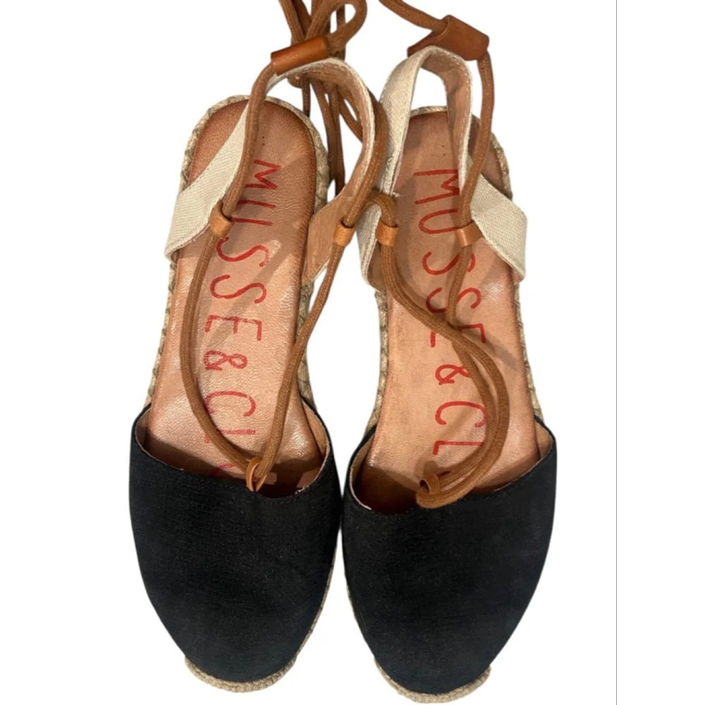 Musse & Cloud Suede Size 8 Lace Up Ankle Espadrille Sandals Black Resort